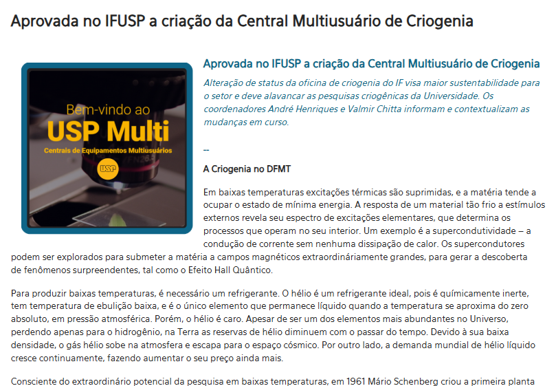 BIFUSP sobre a Criogenia